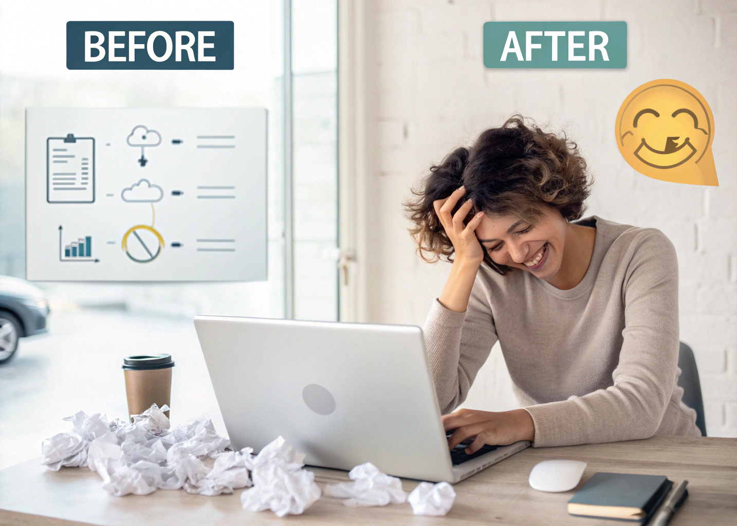 Before and after contrast of manual vs. AI-assisted content creation, showing efficiency and success.