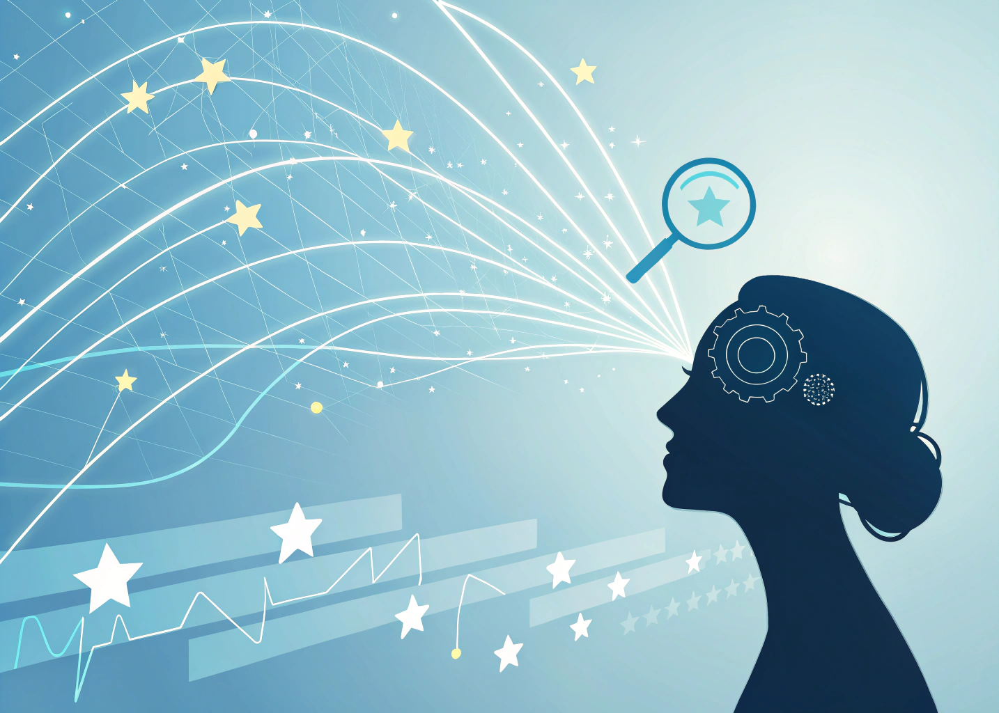 Abstract visualization of user intent being satisfied by content, with data flowing into a user's mind.