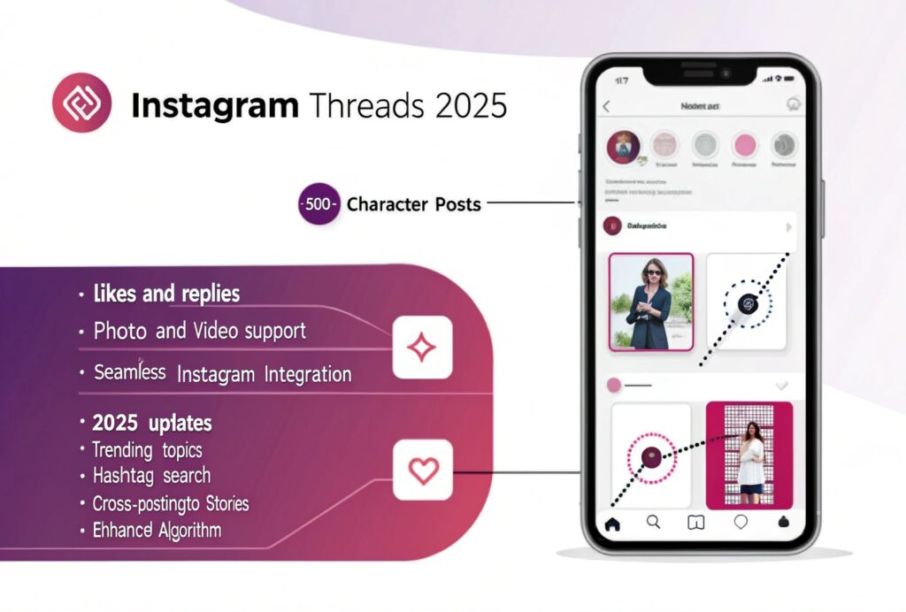 Infographic explaining Instagram Threads features and 2025 updates, designed to support Instagram content strategy for creators and marketers.
