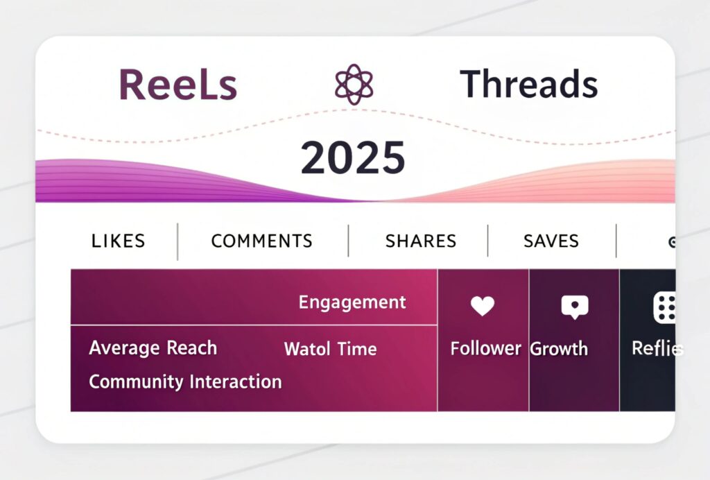 Infographic comparing Instagram Reels and Threads engagement in 2025, showing differences in likes, comments, reach, watch time, and follower growth as part of an Instagram content strategy.