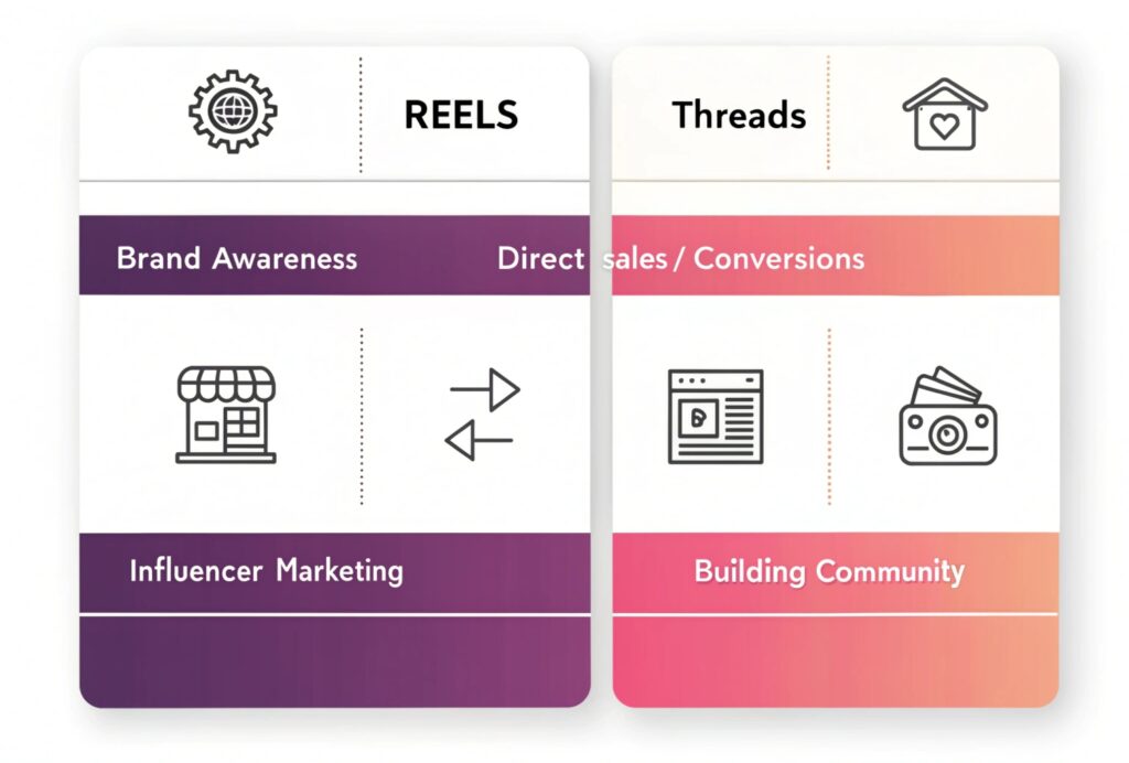 Infographic comparing best use cases for Instagram Reels and Threads in 2025, highlighting which format works better for brand awareness, conversions, influencer marketing, and community building as part of an effective Instagram content strategy.