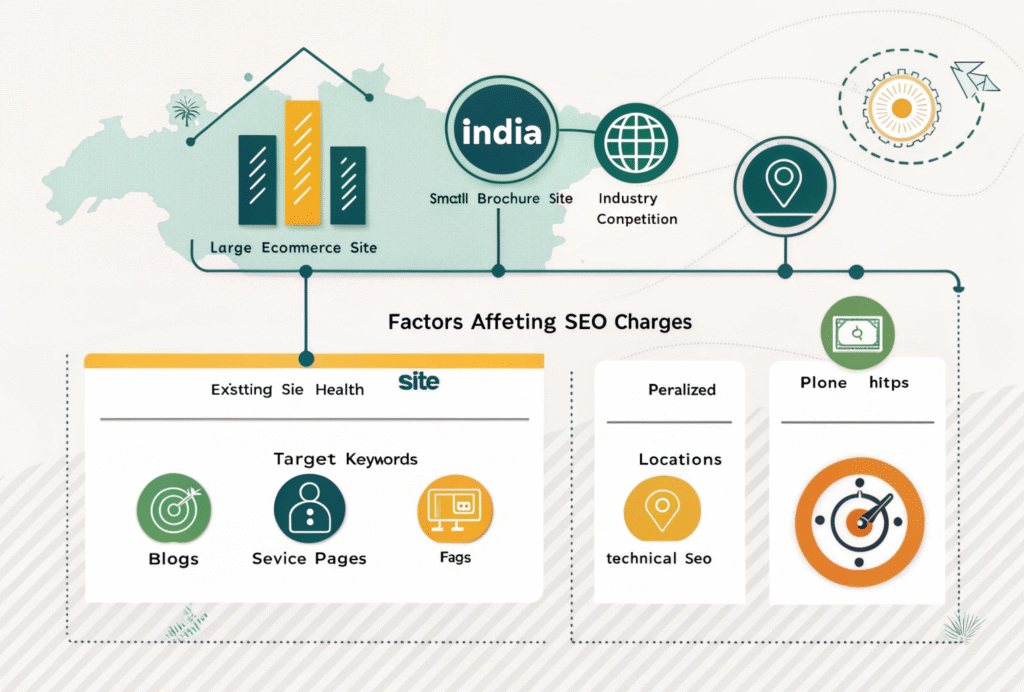 Infographic explaining key factors that influence SEO charges in India, including website size, industry competition, keyword targeting, content needs, technical SEO, and site health.
